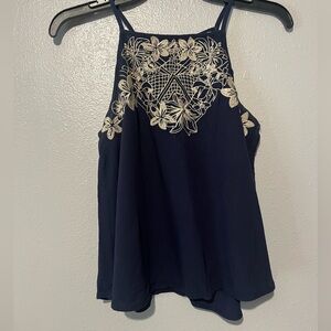 NWT Eyeshadow Navy Tan Floral Embroidered Sleeveless Square Neck Top Blouse
